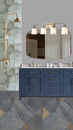 a bathroom vanity with two sinks and a large mirror above it, next to a walk in shower