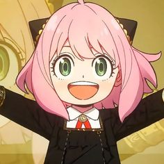 an anime character with pink hair and green eyes, wearing a black suit and red tie