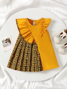 Yellow  Collar Sleeveless Woven Fabric Graphic Tunic Embellished Non-Stretch  Baby Girls Clothing Baby African Clothes, African Kids Clothes, Modest Dresses Fashion, African Dresses For Kids, Afrikaanse Mode