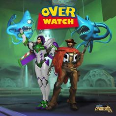 two cartoon characters standing next to each other in front of a sign that says overwatch