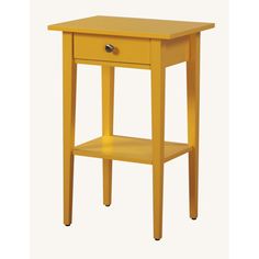 a small yellow table with one drawer on the bottom and an open shelf below it