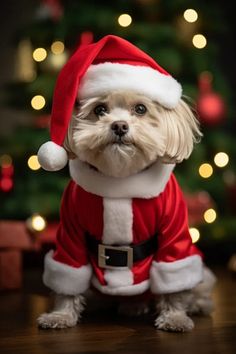 a small white dog wearing a santa claus outfit