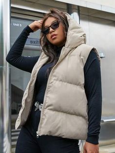 Vest Outfit Women, Checker Vest, Puffer Vest Outfit, Hooded Puffer Vest, Chaleco Casual, Sleeveless Duster, Faux Fur Sweater