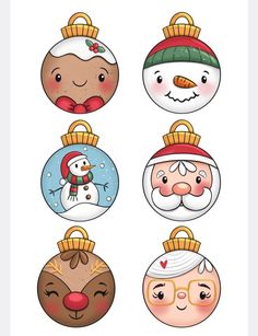 six christmas ornaments with different faces and hats on them, all decorated in cartoon style