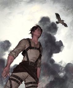 a drawing of a man standing in front of a bird flying over his head and arm