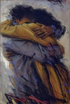 a painting of two people hugging each other