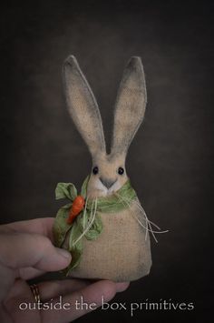 a hand holding a small stuffed animal with carrots in it's pouch and the words outside the box primitives written below