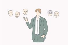 a man is standing in front of five faces with different facial expressions on his face