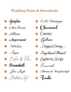 the wedding font and numbers for each type of ceremony is shown in orange, black, and white