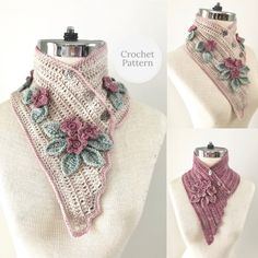 three different views of a crocheted neck scarf