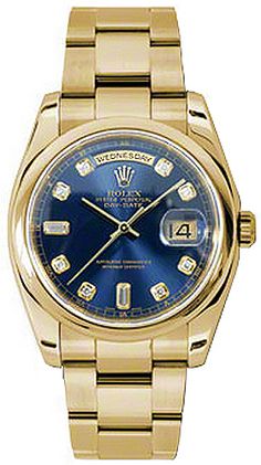 118208 ROLEX DAY-DATE MEN'S OR WOMEN'S LUXURY WATCH Store Display Model (What's This?) - Free Overnight Shipping - With Manufacturer Serial Numbers - Swiss Made - Blue Dial Set with Diamonds - 10 Diamonds Set on Dial - Solid 18k Yellow Gold Domed Bezel - Day and Date Features - Self-winding Automatic Chronometer Movement - 6 Year Warranty - Guaranteed Authentic - Certificate of Authenticity - Manufacturer Box & Manual - Solid 18k Yellow Gold Case & Oyster Bracelet - Scratch Resistant Sapphire Crystal - 100 Meters / 330 Feet Waterproof - 36mm = 1 1/3" Case, 6.5" Adjustable Bracelet - Deployment Buckle - Screw Down Crown & Caseback - Free Bracelet Sizing     Also Known As Model # 118208 BLUDDO Gold Rolex, Swiss Army Watches, Rolex Men, Gold Chains For Men, Womens Watches Luxury, Rolex Watch, Rolex Oyster Perpetual, Rolex Oyster, Seiko Watches