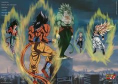 the dragon ball characters are flying through the air with their hands in each other's pockets