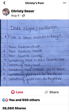 a handwritten note with the date night challenge written on it