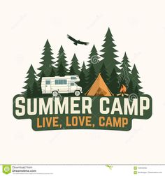 the logo for a camp site with an image of a van and trees on it