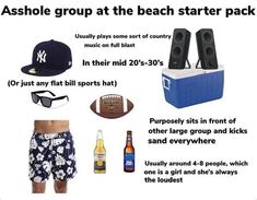 an ad for the beach starter pack includes beer, baseball cap, sunglasses and other items