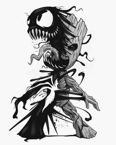 a black and white drawing of an alien