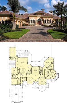 the floor plan for this luxury home is shown in two separate sections, with an attached garage