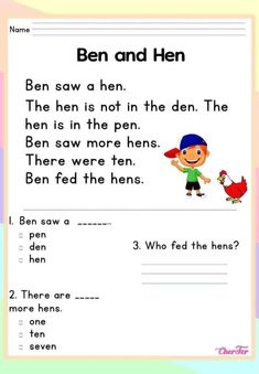 a worksheet with the words ben and hen