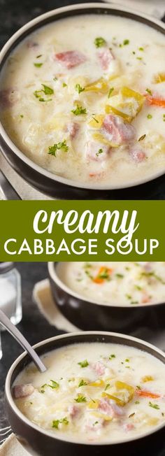 two bowls filled with creamy cabbage soup on top of a table