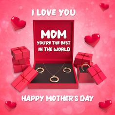 a mother's day card with jewelry in a gift box and hearts around it