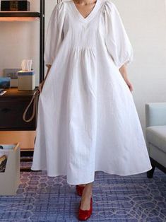 Sku CY-!23170 Material >70%Cotton Style Loose , Plus Size , Puff Sleeves Feature Solid Occasion Going out , Casual , Vacation , Urban , Simple Neckline V-neck Seasons Spring , Summer Type Maxi Dresses Color WHITE Size S,M,L,XL Size chart: Please consult the size chart we provide for this item's measurements to help you decide which size to buy. Please note: There may be 1-3cm differ due to manual measurement. CMINCH Cm Bust Shoulder Sleeve Length S 92 37 24 107 M 96 38 25 108 L 100 39 26 109 XL 104 40 27 110 White Puff Sleeve Solid Color Dress, White Solid Color Midi Dress For Brunch, White Solid Color Midi Dress For Spring, Spring White Solid Color Midi Dress, White Long Sleeve Plain Dress, White Solid Color Midi Dress For Daywear, Plain White Dresses For Daywear, White Cotton V-neck Midi Dress, Simple Maxi