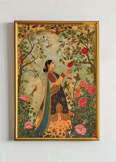 an ornate painting on the wall with flowers and birds in it's frame, depicting a woman holding a bird