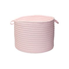 a pink basket with white stripes on it