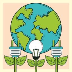 the earth is surrounded by green plants and light bulbs