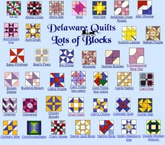 an image of quilts with different colors and patterns on them, including the words'delaware quilts lots of blocks '