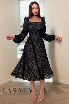 Lasaky - Square Neck Puff Sleeve Jacquard Chiffon Midi Dress Style Little Black Dress, French Dresses, Midi Dress Elegant, Little Black Dresses, Chiffon Midi Dress, Dresses Chiffon, Tea Length Dresses, Womens Black Dress, Lantern Sleeve