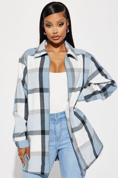 Available In Blue/combo And Brown Combo. Shacket Collar Pockets Snap Button Sleeves Zipper Closure Disclaimer: Plaid Placement Will Vary 100% Polyester Imported | Check Mate Plaid Shacket in Blue size Small by Fashion Nova