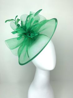 Green Mesh Fascinator, Women&#39;s Tea Party Hat, Church Hat, Derby Hat, Fancy Hat, Green Hat, Tea Party Hat, wedding hat Luxury Green Headpiece For Kentucky Derby, Adjustable Wedding Hat With Feather Trim, Wedding Wide Brim Feather Trim Fascinator, Wedding Wide Brim Fascinator With Feather Trim, Spring Wedding Mini Hat With Feather Trim, Adjustable Feather Trim Fascinator For Wedding, Elegant Feather Trim Top Hat For Party, Wedding Fascinator With Adjustable Feather Trim, Wedding Fascinator With Feather Trim And Adjustable Fit