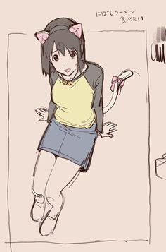 a drawing of a girl in a yellow shirt and blue skirt