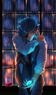 an anime character with blue hair standing in front of a window