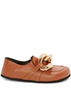 tawny sheepskin chain-link detailing round toe slip-on style flat sole Chunky Loafers, Jw Anderson, Tory Burch Miller Sandal, Leather Chain, Leather Design, Fashion Flats, Leather Loafers, Loafers For Women, Brown Gold