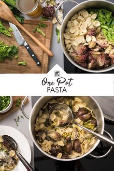 one pot pasta with mushrooms and broccoli is shown in three different pictures, along with the same side dish