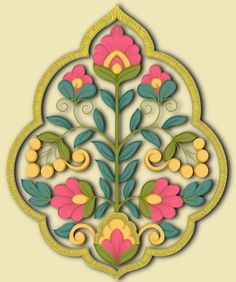 an intricately designed design with flowers and leaves on the side of a beige background