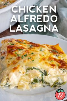 chicken alfredo lasagna on a white plate with text overlay that reads chicken alfredo lasagna