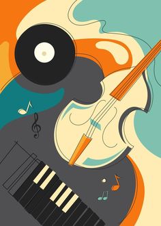 Poster with violin and piano. Violin Poster, Mid Century Modern Artwork, Instruments Art, Hollow Art, Music Drawings