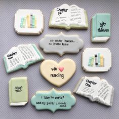 decorated cookies with words and pictures on them