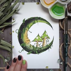 a drawing of two mushrooms sitting on top of a crescent moon with green leaves around it