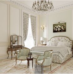 an elegant bedroom with chandelier, chair and bed