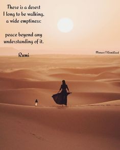 a woman walking in the sand with a lantern on her back and a quote from rumi