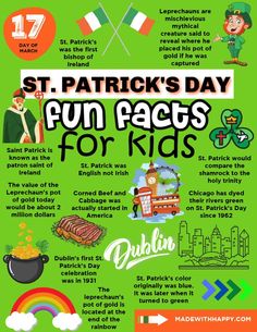 the st patrick's day fun fact for kids is shown in this green poster