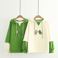 Product ID: JW3125 
 Material: Cotton 
 Color: Beige, Green 
 Size Info: 
 One Size  Bust 112 cm, Length 62 cm, Sleeve 46 cm Dinosaur Embroidery, Embroidery Hoodie, Womens Sweatshirts Hoods, Cartoon Embroidery, Kawaii Fashion Outfits, Cartoon Dinosaur, Hoodie Green, Thick Sweaters, Green Beige