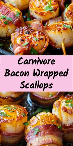 some bacon wrapped scallops are sitting on a plate with the words, carnivor bacon wrapped scallops