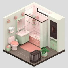 a small bathroom with pink and green decor