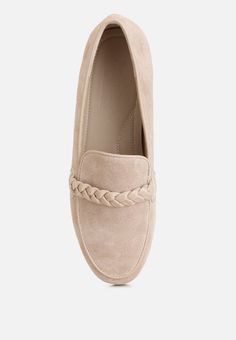 The comfort of classic shoe styles are unbeatable. These minimalist solid loafers have been a staple for summer fashion for this reason. They are versatile and liven up every outfit, and at a glance blend into every outfit, making you stand out. With its low stacked heel feature it presents a rich detail that is hard to miss. We have also included braided detail that enhances the laidback and polished look of the loafers. Outer Material- Genuine Seude Outer Sole - Rubber Closed Almond Toe Braide Comfortable Beige Closed Toe Loafers, Comfortable Beige Flat Loafers, Summer Leather Slip-on Platform Loafers, Summer Slip-on Leather Platform Loafers, Summer Business Loafers With Textured Sole, Beige Formal Slip-ons For Summer, Comfortable Slip-on Beige Loafers, Comfortable Beige Loafers For Fall, Summer Business Casual Loafers With Round Toe