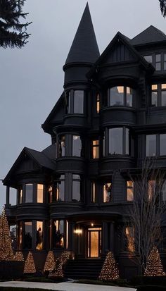 a large black house with lots of windows and christmas lights on it's side