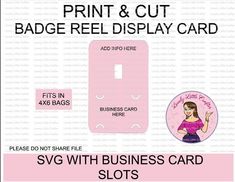 a pink business card with an image of a woman pointing at the back of it